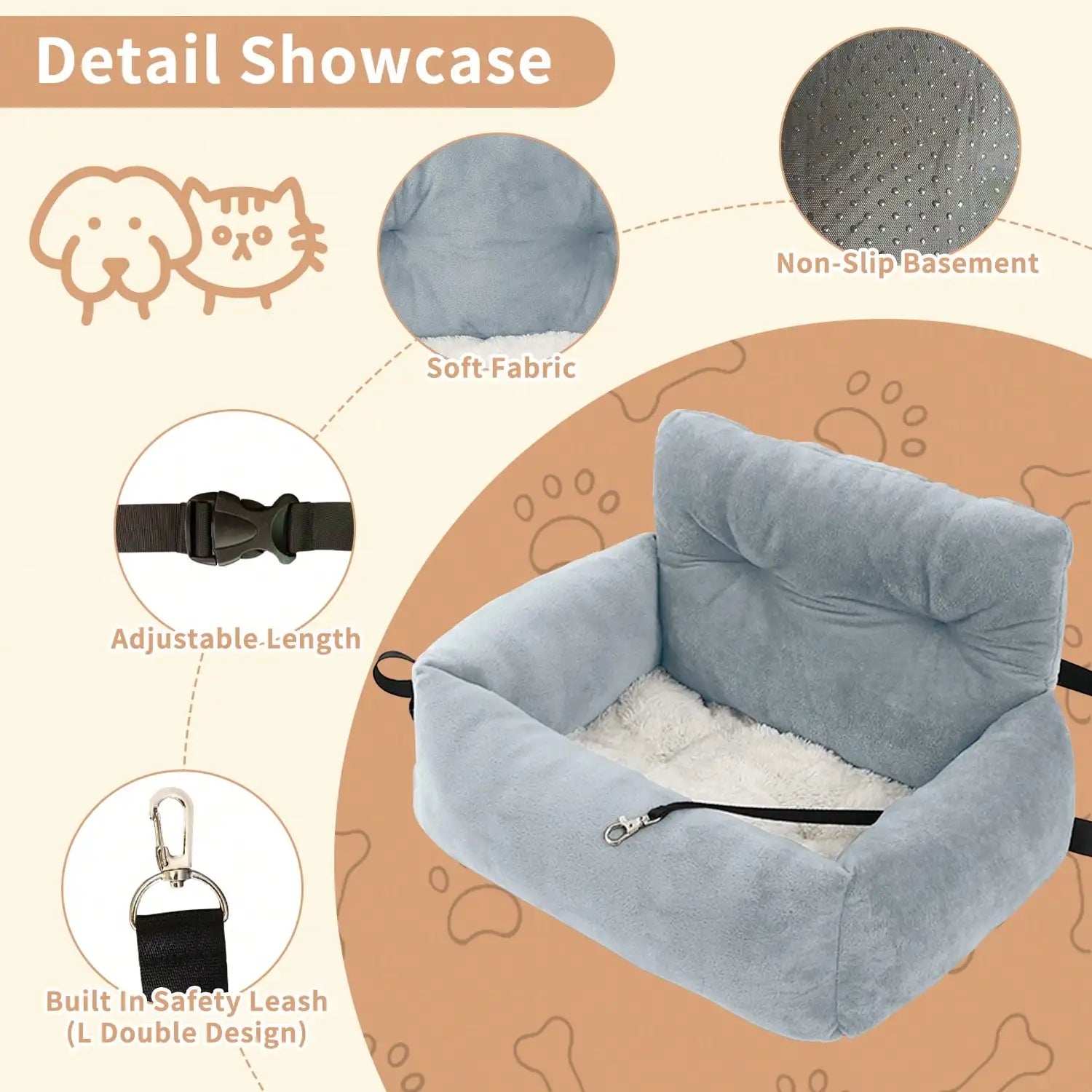 Pet booster seat – soft plush travel bed – grey – M L sizes – car & home use – small dogs puppies cats – UK stock – free delivery