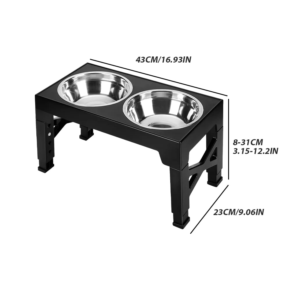 Adjustable Raised Dog Feeder — 5 Height Levels — Double Stainless Steel Bowls — Black