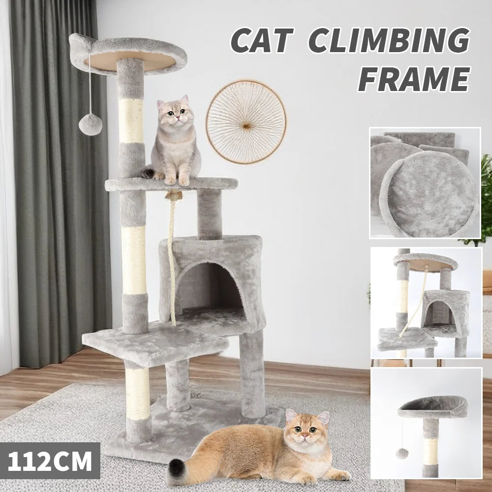 4-tier cat tree tower scratching post – grey beige – climbing frame with cave perches – UK stock – free delivery