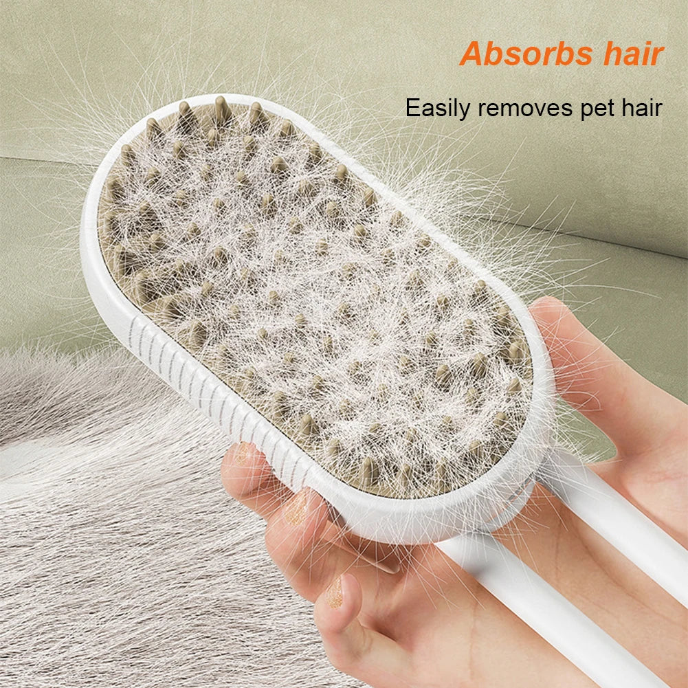 Orange and white 3-in-1 steam pet grooming brush with ergonomic handle