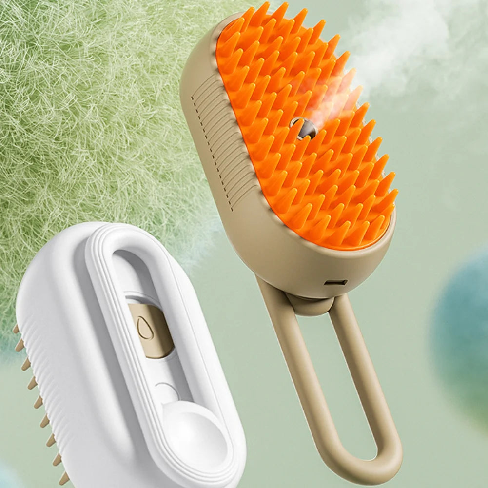 Orange and white 3-in-1 steam pet grooming brush with ergonomic handle
