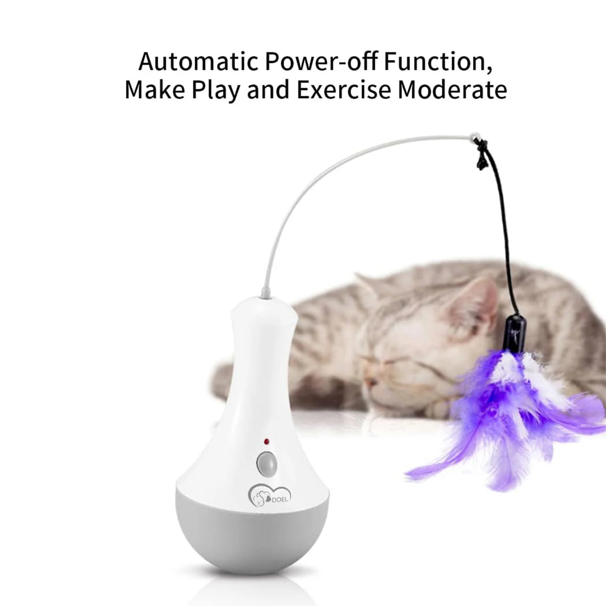 White automatic rotating feather cat toy with silent motor, two speed settings, battery operated interactive teaser for indoor cats