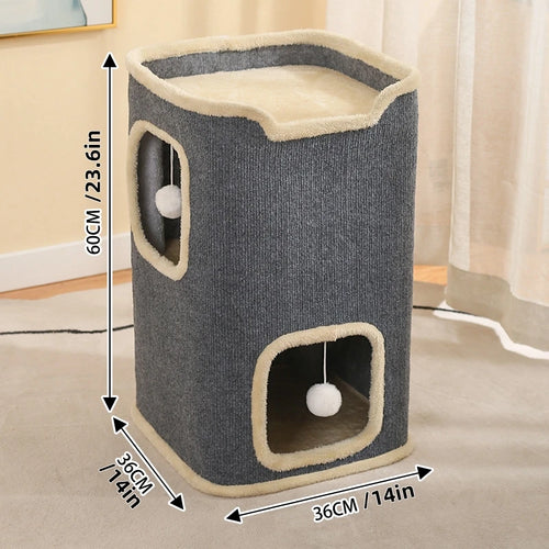 Two-tier grey fabric cat cube house with plush trim, cosy cave hideouts, top perch and dangling pom pom toys, 60cm tall indoor cat furniture