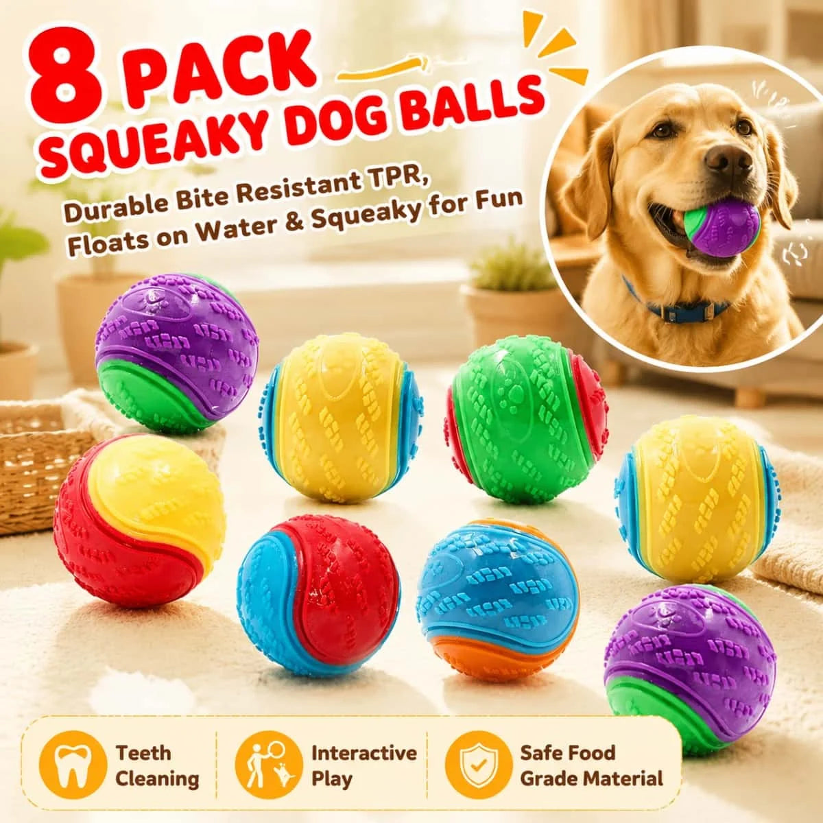 Squeaky Dog Toy Balls — 8 Pack — Durable TPR — Teeth Cleaning — Floating — Assorted Colours
