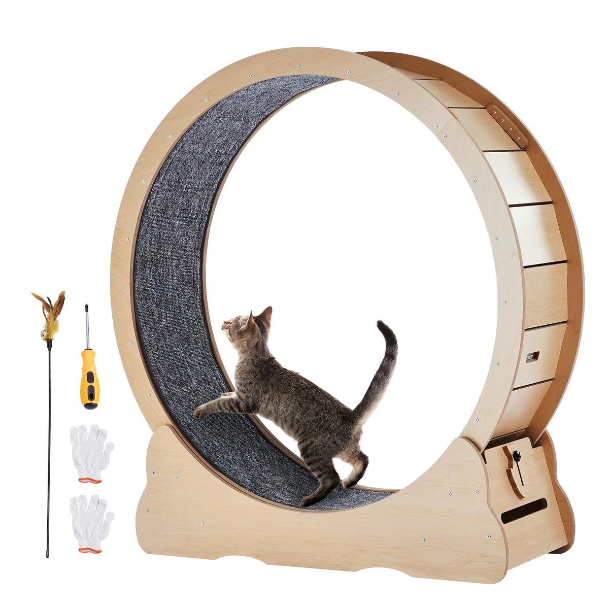Solid wood silent cat exercise wheel with detachable carpet running track, indoor cat treadmill in 3 sizes, includes teaser toy