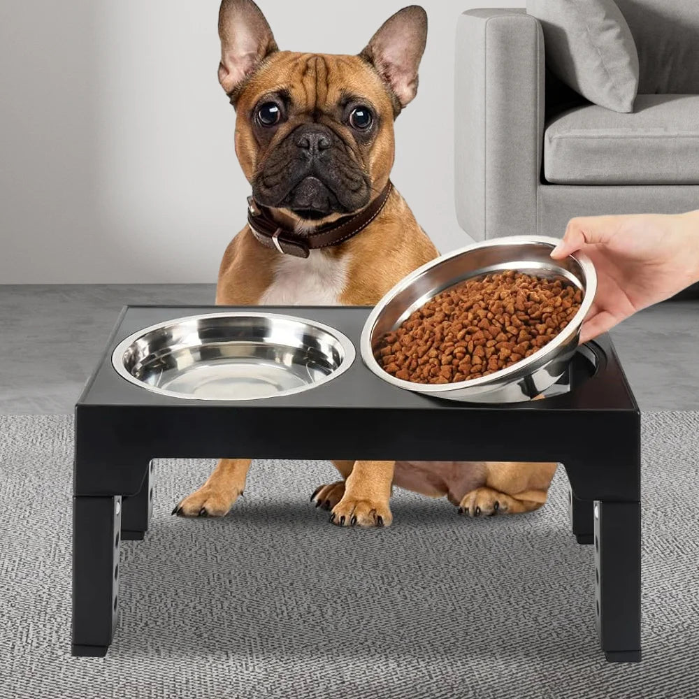 Adjustable Raised Dog Feeder — 5 Height Levels — Double Stainless Steel Bowls — Black