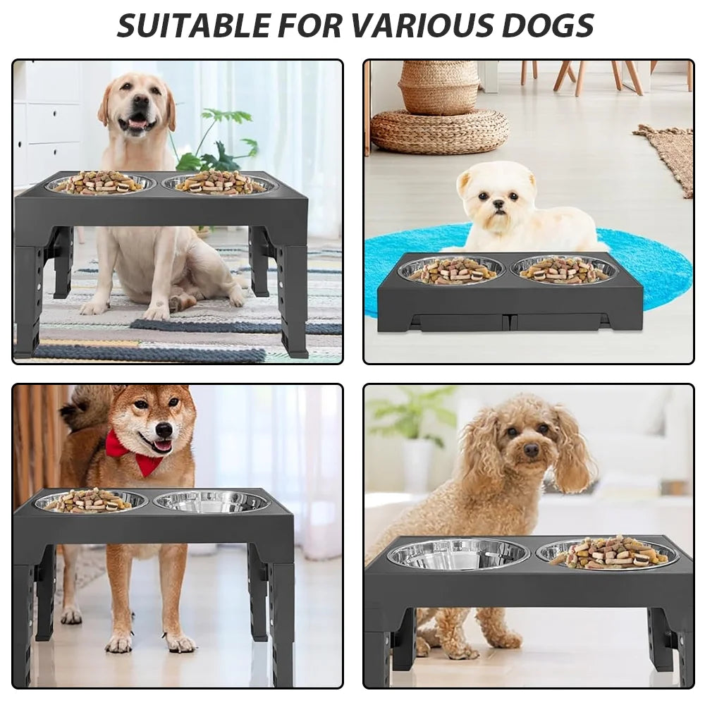 Adjustable Raised Dog Feeder — 5 Height Levels — Double Stainless Steel Bowls — Black
