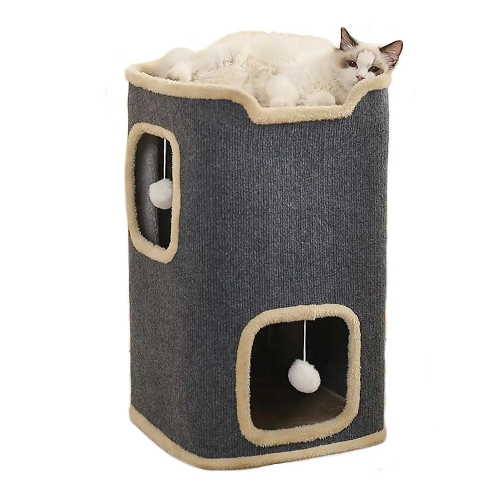 Two-tier grey fabric cat cube house with plush trim, cosy cave hideouts, top perch and dangling pom pom toys, 60cm tall indoor cat furniture