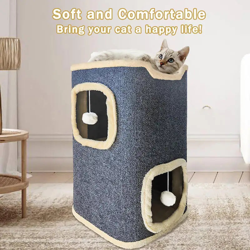 Two-tier grey fabric cat cube house with plush trim, cosy cave hideouts, top perch and dangling pom pom toys, 60cm tall indoor cat furniture