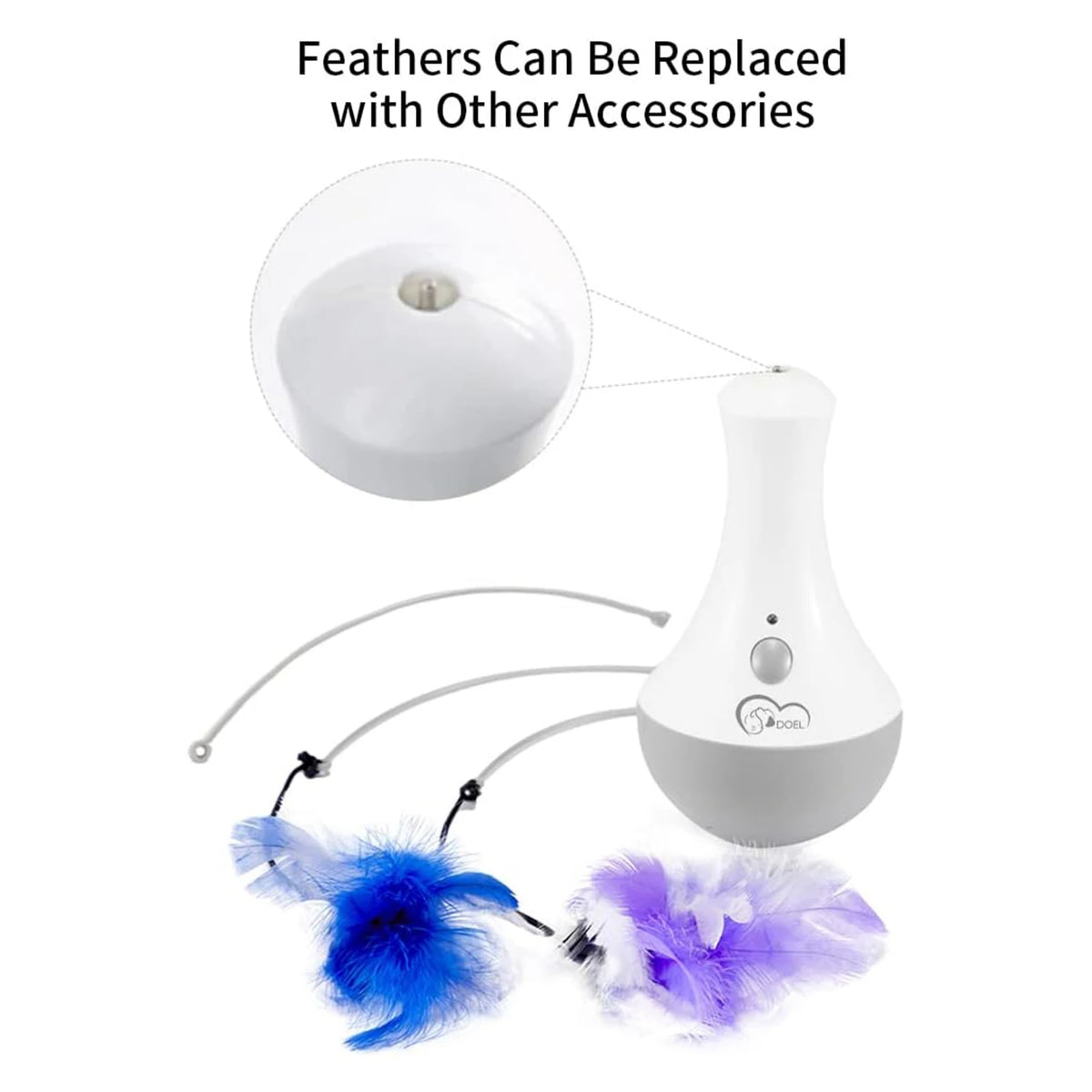 White automatic rotating feather cat toy with silent motor, two speed settings, battery operated interactive teaser for indoor cats