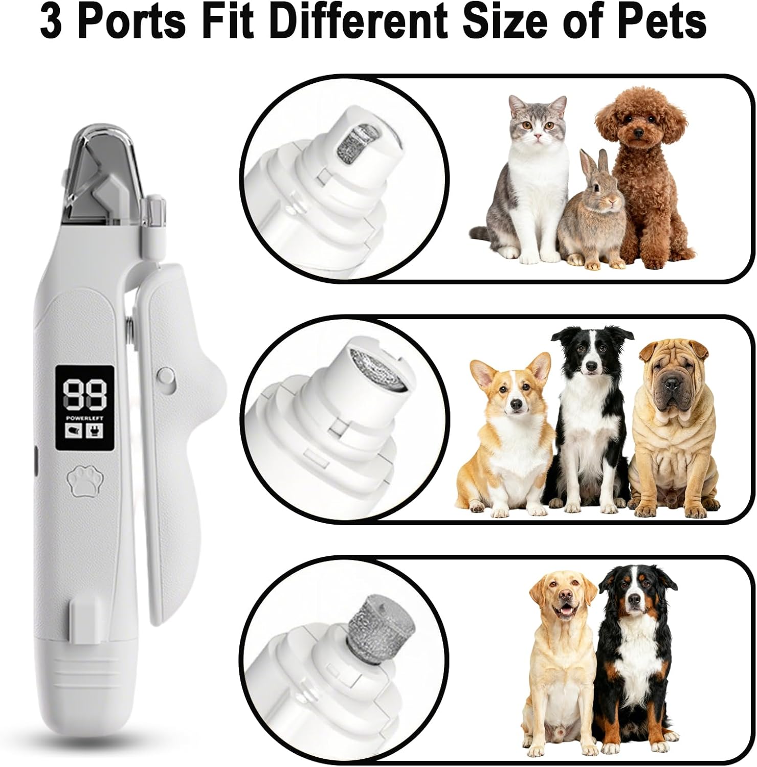 Pet grooming tool with three adjustable ports for different pet sizes, shown with cats, dogs, and rabbits.